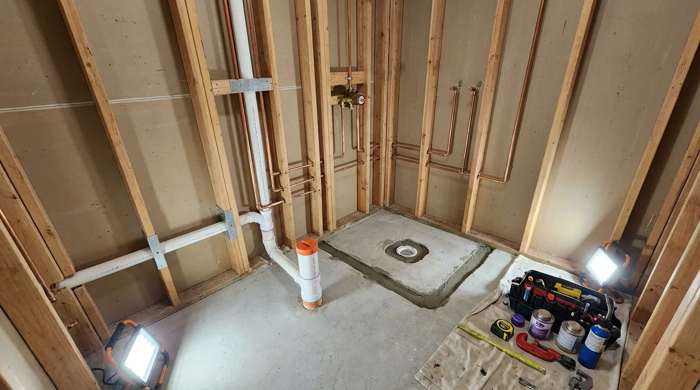 Bathroom rough-in plumbing during remodel by Johns Plumbing LLC in Fayetteville