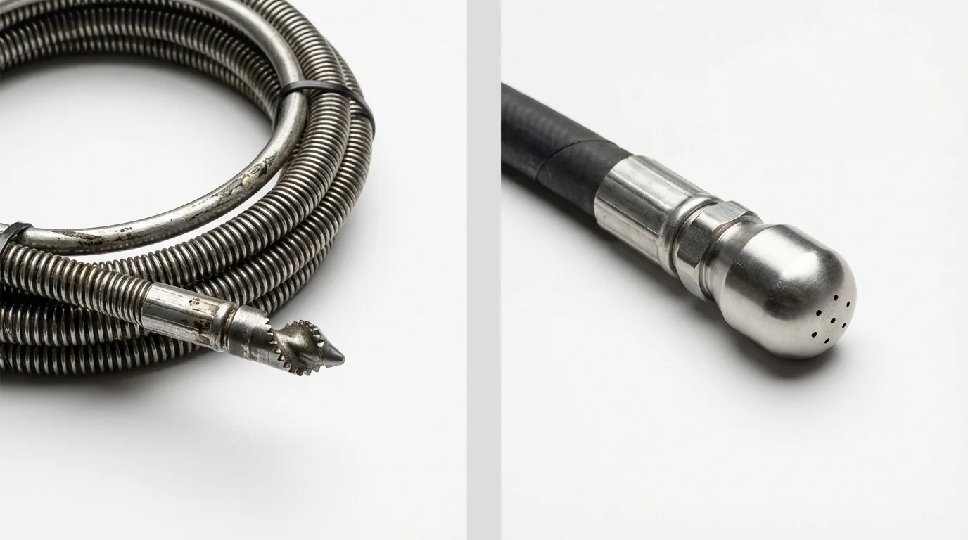 Drain snake cable and hydro jetting nozzle used for drain cleaning in Fayetteville, NC