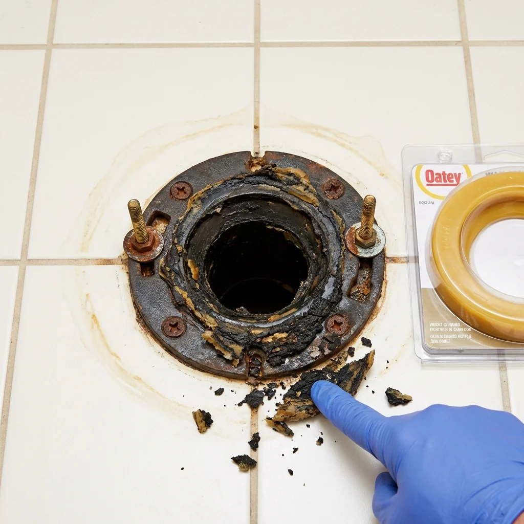 Failed wax ring showing water seepage at the base of a toilet in a Fayetteville, NC home