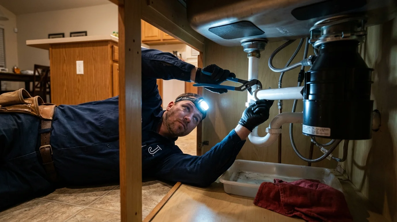 P-trap and supply line connections under a kitchen sink showing a common leak point in Fayetteville, NC